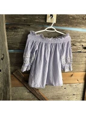 PRIMARK Size 6 Blue/White off shoulder top, crochet sleeves